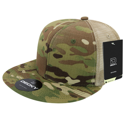 High Crown Multi Camo Trucker Snapback Cap, Camo/Khaki Adjustable Hat