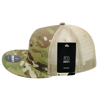 High Crown Multi Camo Trucker Snapback Cap, Camo/Khaki Adjustable Hat