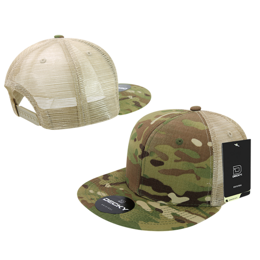 High Crown Multi Camo Trucker Snapback Cap, Camo/Khaki Adjustable Hat